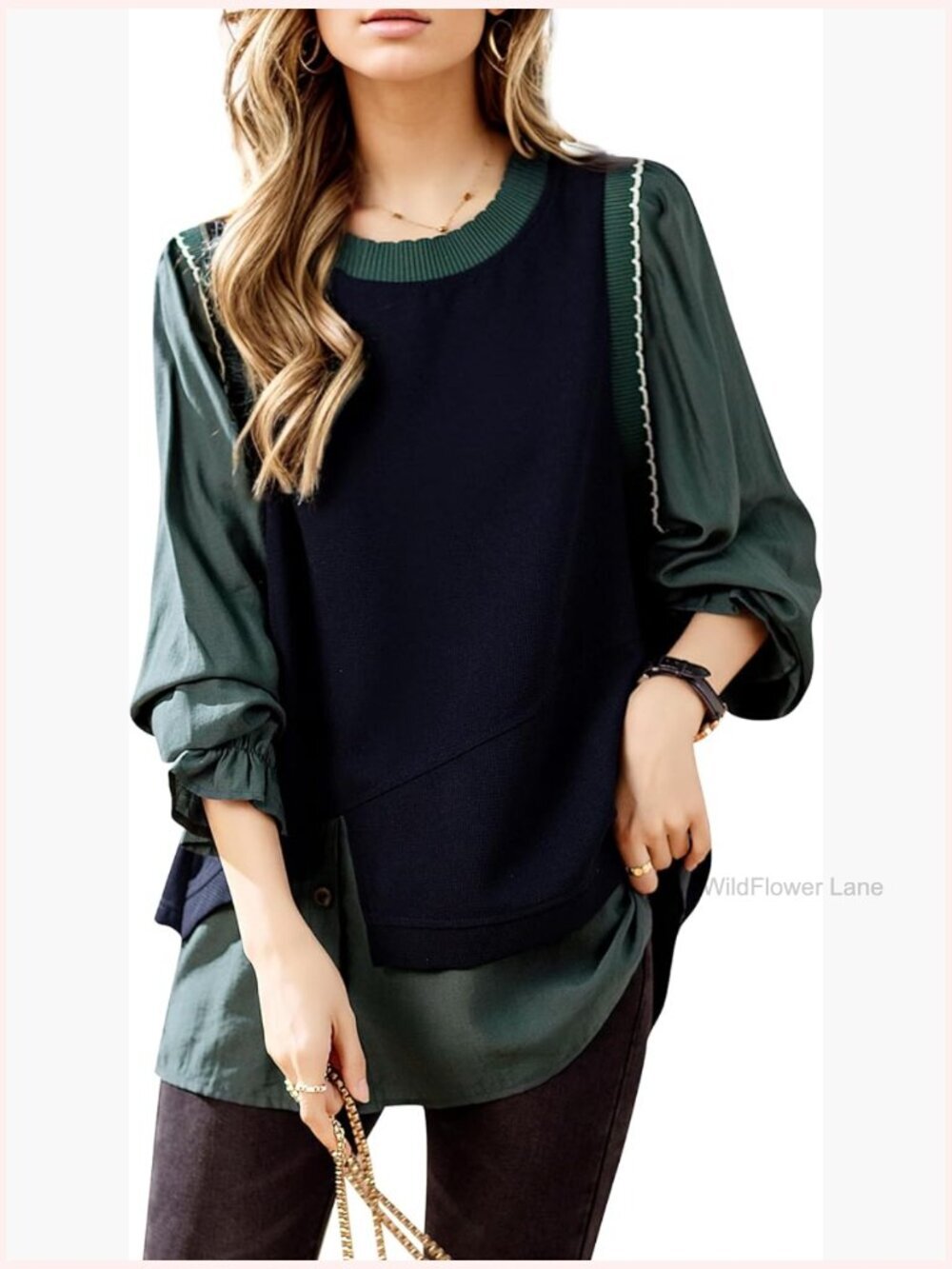 Women's Patchwork Crewneck Long Sleeve Pullover Blouse Top